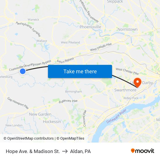 Hope Ave. & Madison St. to Aldan, PA map