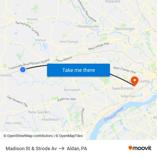 Madison St & Strode Av to Aldan, PA map