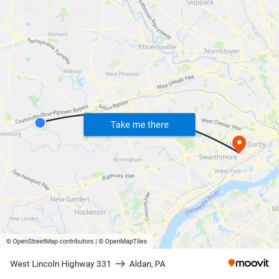 West Lincoln Highway 331 to Aldan, PA map