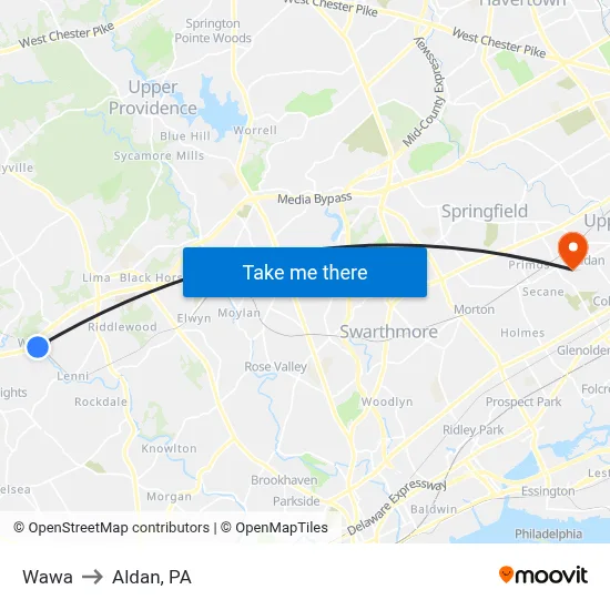 Wawa to Aldan, PA map