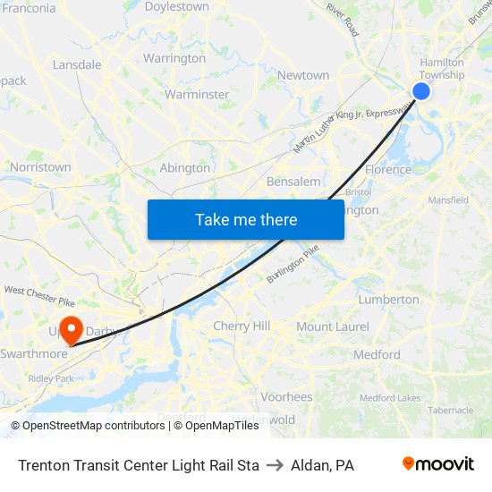 Trenton Transit Center Light Rail Sta to Aldan, PA map