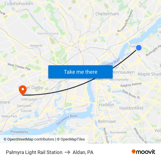 Palmyra Light Rail Station to Aldan, PA map