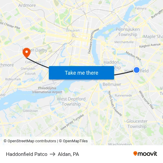 Haddonfield Patco to Aldan, PA map