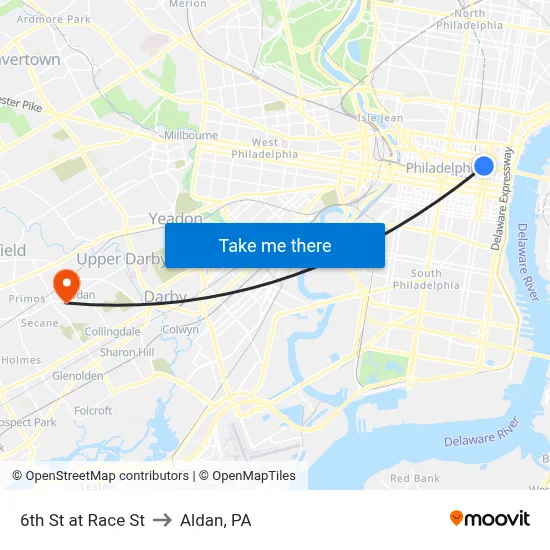 6th St at Race St to Aldan, PA map