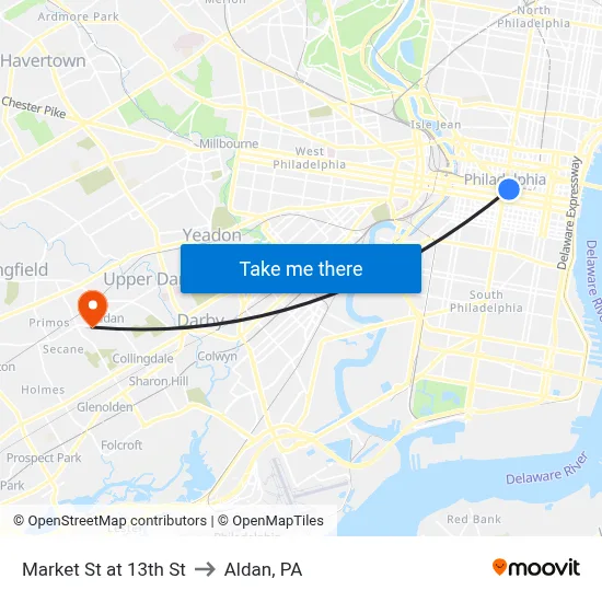 Market St at 13th St to Aldan, PA map