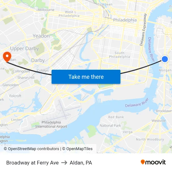 Broadway at Ferry Ave to Aldan, PA map