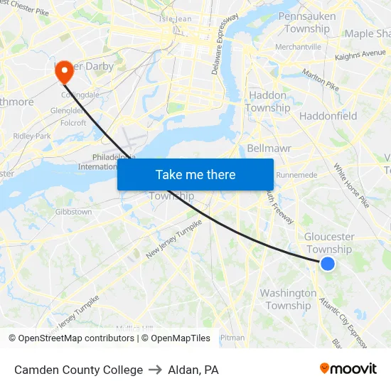 Camden County College to Aldan, PA map