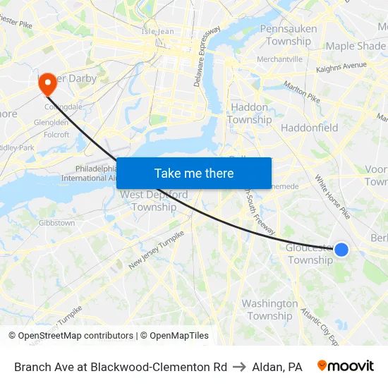 Branch Ave at Blackwood-Clementon Rd to Aldan, PA map