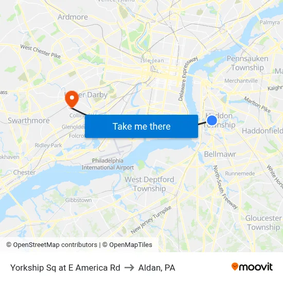 Yorkship Sq at E America Rd to Aldan, PA map