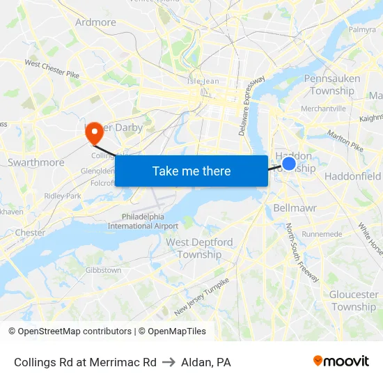 Collings Rd at Merrimac Rd to Aldan, PA map