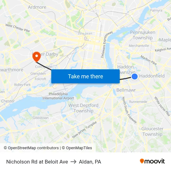 Nicholson Rd at Beloit Ave to Aldan, PA map