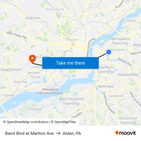 Baird Blvd at Marlton Ave to Aldan, PA map
