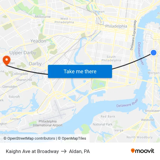 Kaighn Ave at Broadway to Aldan, PA map