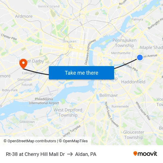 Rt-38 at Cherry Hill Mall Dr to Aldan, PA map