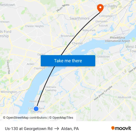 Us-130 at Georgetown Rd to Aldan, PA map