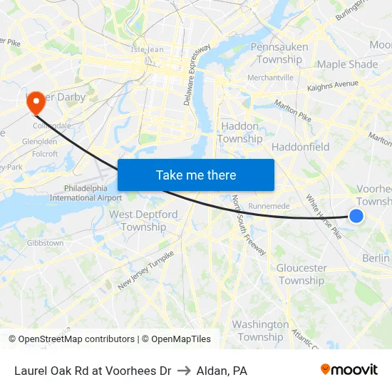 Laurel Oak Rd at Voorhees Dr to Aldan, PA map