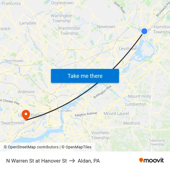 N Warren St at Hanover St to Aldan, PA map
