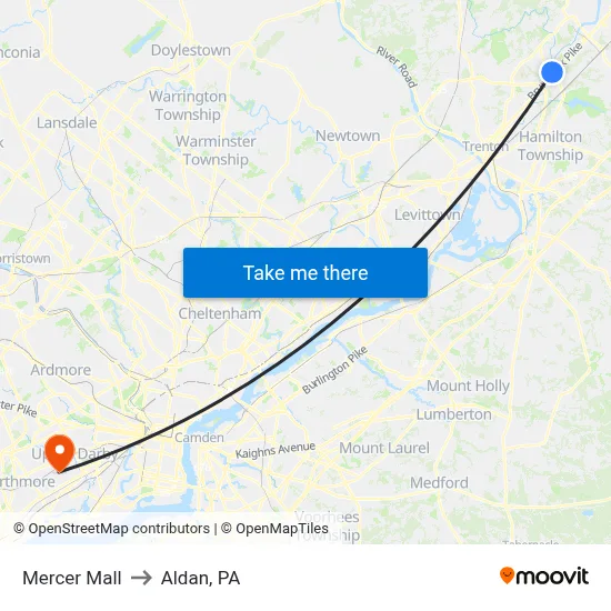 Mercer Mall to Aldan, PA map
