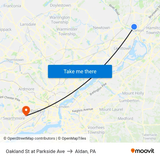 Oakland St at Parkside Ave to Aldan, PA map