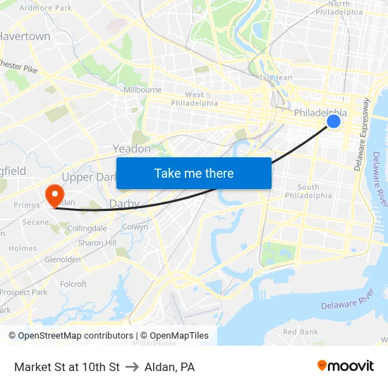 Market St at 10th St to Aldan, PA map