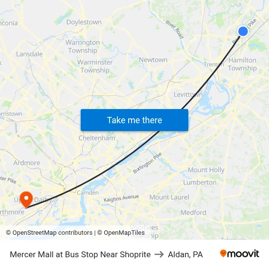 Mercer Mall at Bus Stop Near Shoprite to Aldan, PA map