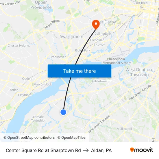 Center Square Rd at Sharptown Rd to Aldan, PA map
