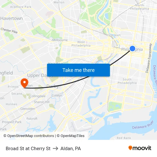 Broad St at Cherry St to Aldan, PA map