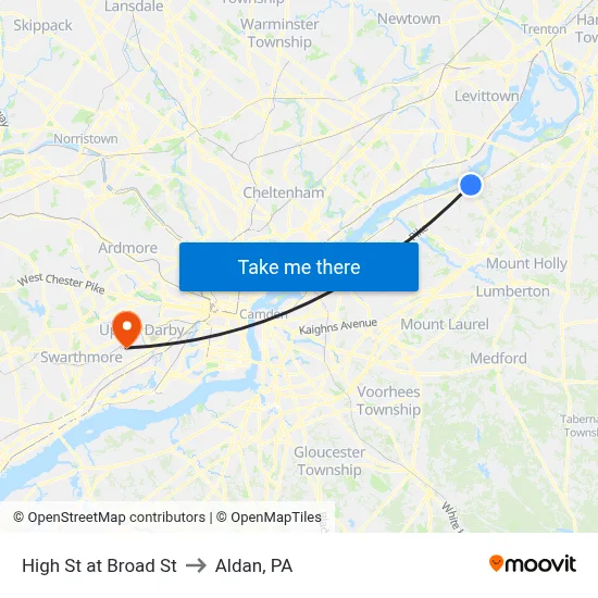 High St at Broad St to Aldan, PA map