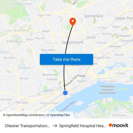 Chester Transportation Center to Springfield Hospital Health Plex map