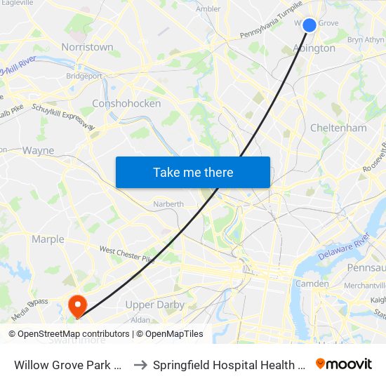 Willow Grove Park Mall to Springfield Hospital Health Plex map