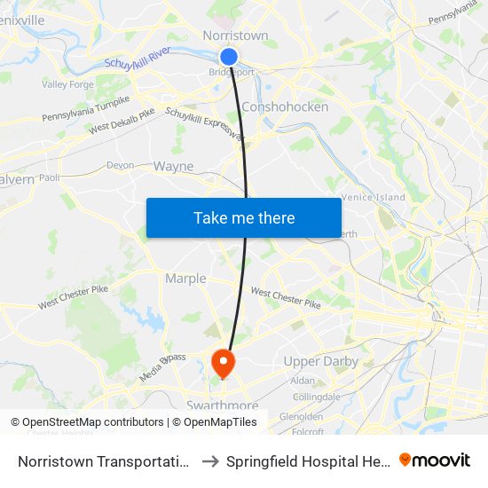 Norristown Transportation Center to Springfield Hospital Health Plex map