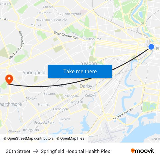 30th Street to Springfield Hospital Health Plex map