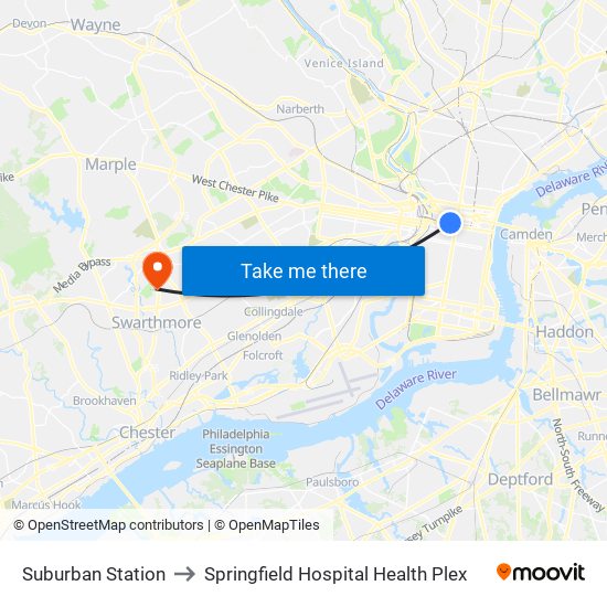 Suburban Station to Springfield Hospital Health Plex map