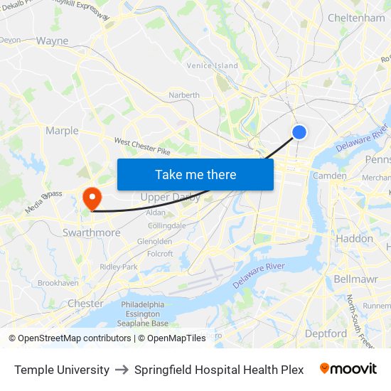 Temple University to Springfield Hospital Health Plex map