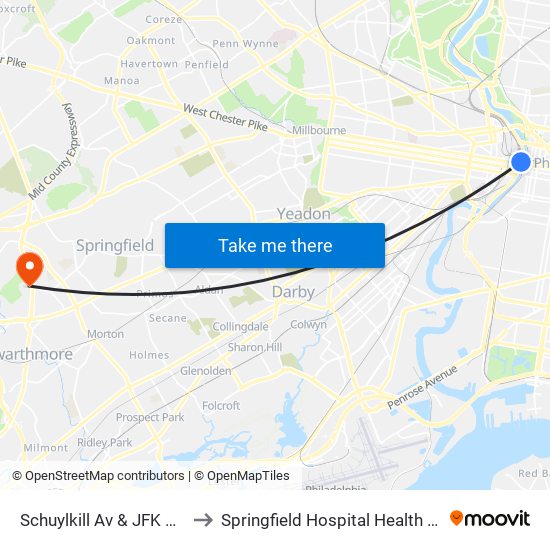 Schuylkill Av & JFK Blvd to Springfield Hospital Health Plex map
