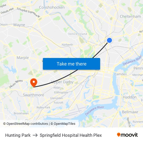 Hunting Park to Springfield Hospital Health Plex map