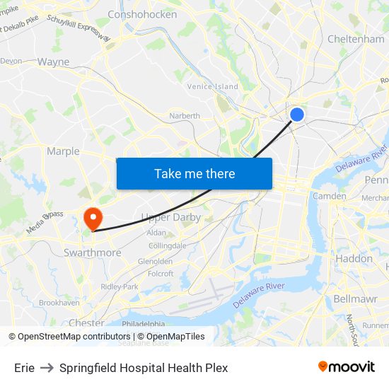 Erie to Springfield Hospital Health Plex map