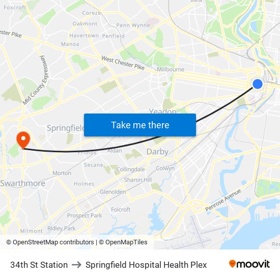 34th St Station to Springfield Hospital Health Plex map