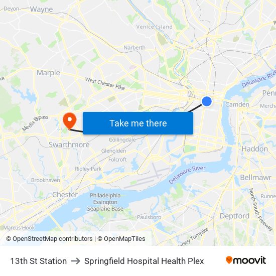 13th St Station to Springfield Hospital Health Plex map