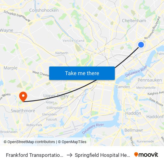 Frankford Transportation Center to Springfield Hospital Health Plex map