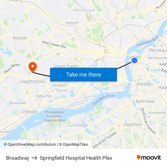 Broadway to Springfield Hospital Health Plex map