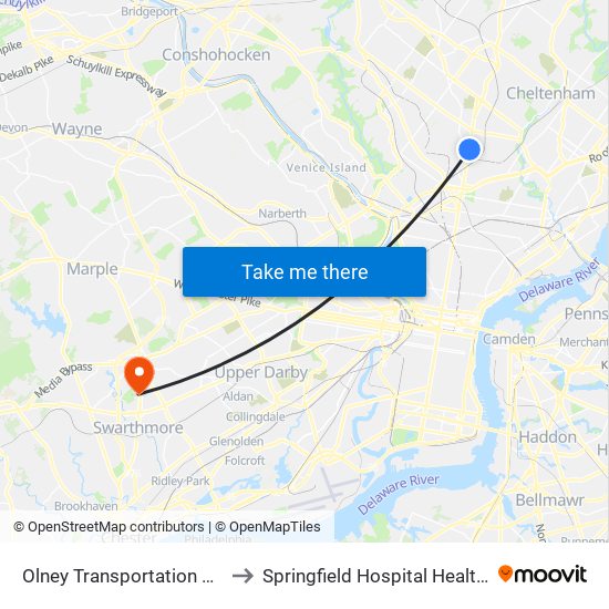 Olney Transportation Center to Springfield Hospital Health Plex map