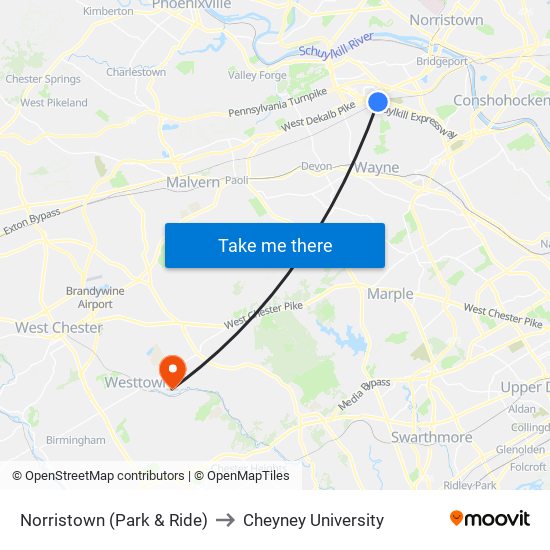 Norristown (Park & Ride) to Cheyney University map