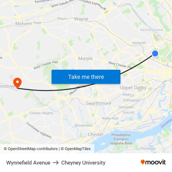 Wynnefield Avenue to Cheyney University map