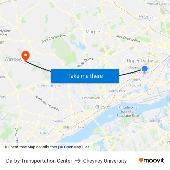 Darby Transportation Center to Cheyney University map