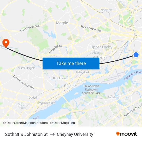 20th St & Johnston St to Cheyney University map