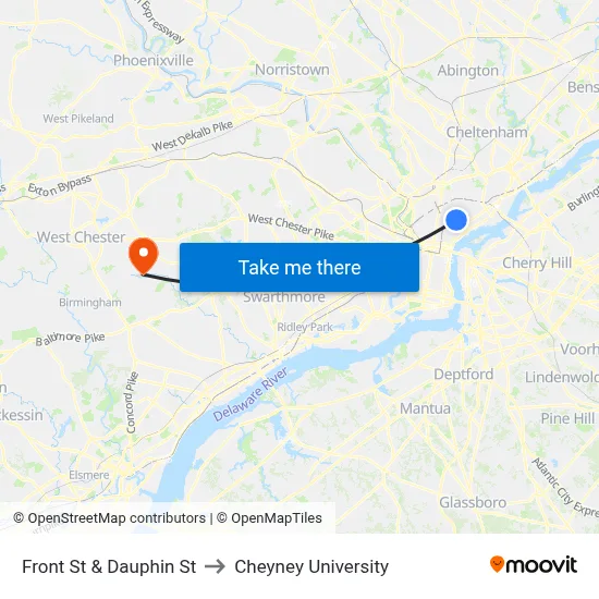 Front St & Dauphin St to Cheyney University map