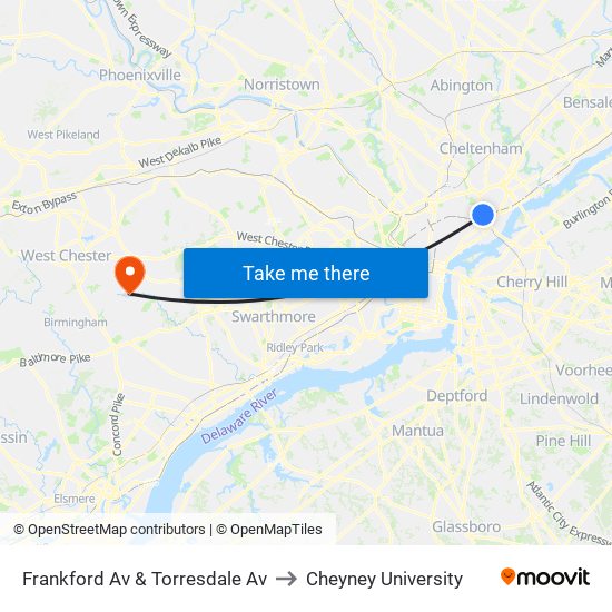 Frankford Av & Torresdale Av to Cheyney University map