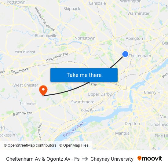 Cheltenham Av & Ogontz Av - Fs to Cheyney University map