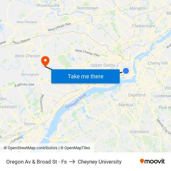Oregon Av & Broad St - Fs to Cheyney University map